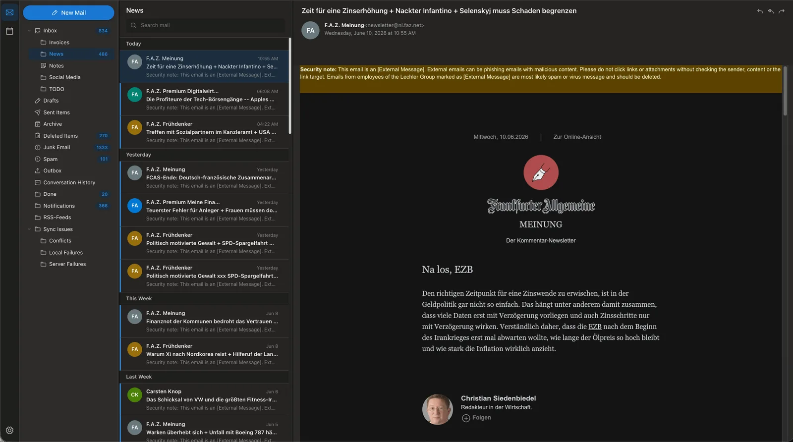 AI Mail — smart triage with automatic security annotation of external messages.